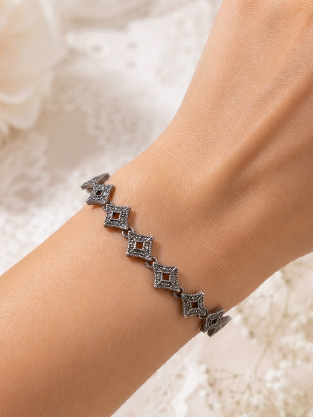 Sterling Silver and Marcasite Bracelet Diamond Shaped Links
